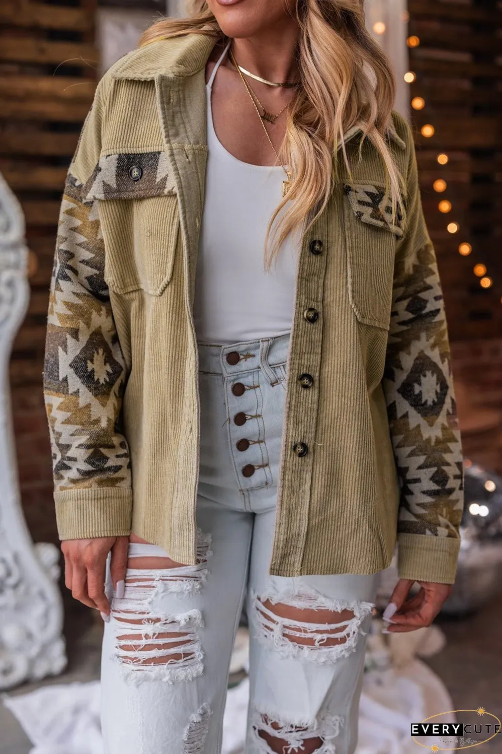 Khaki Aztec Print Patchwork Frayed Edge Corduroy Jacket