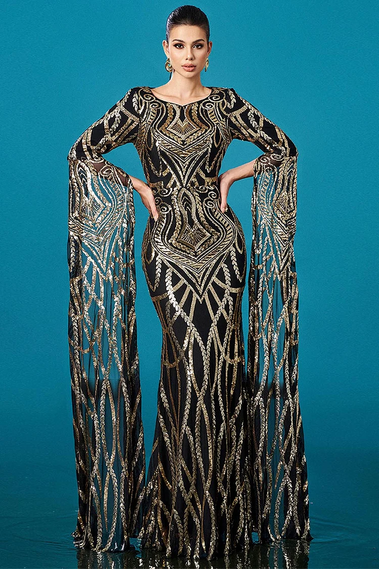 Sequin Split Flare Sleeve Mermaid Maxi Dress-Black And Gold