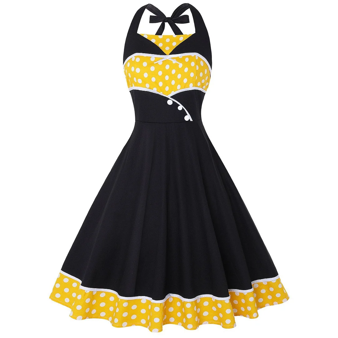 Polka Dot Dress Halter Neck Waist Retro Huge Swing Dress