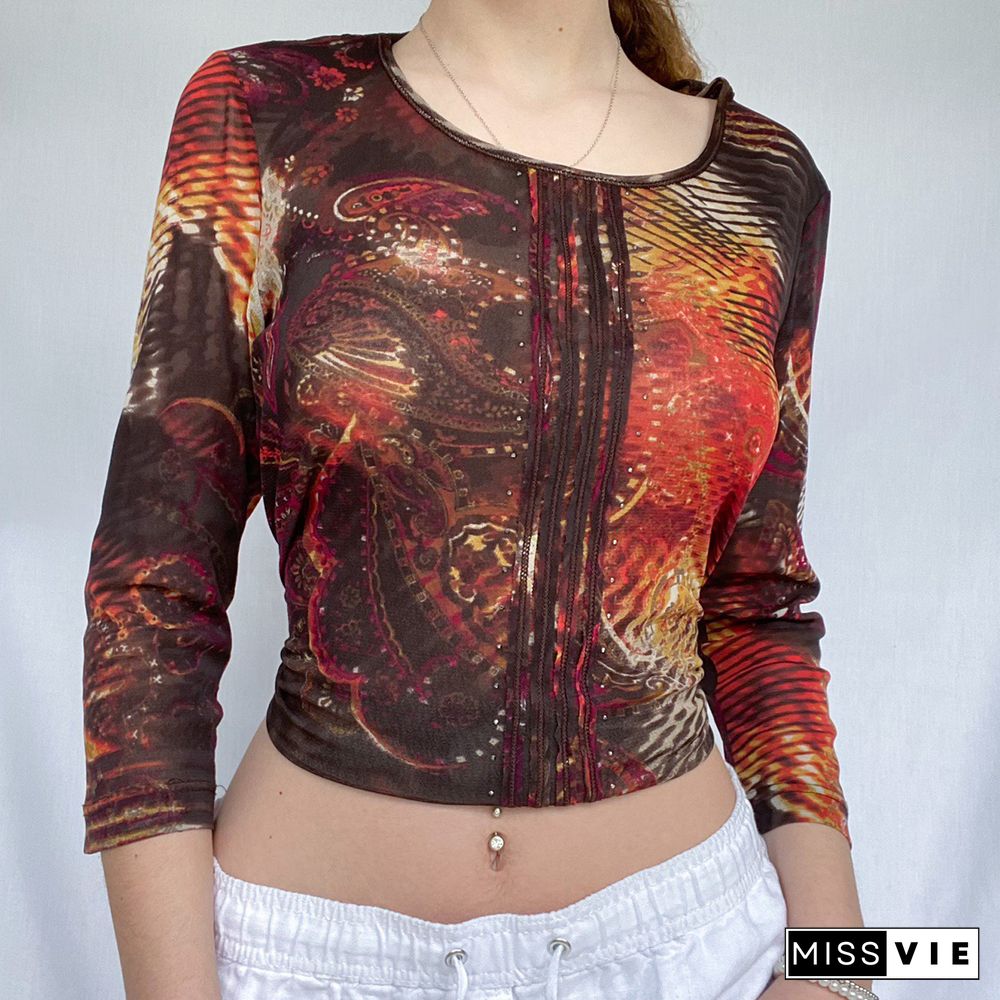 Y2K Autumn Womens Vintage Slim Round-neck Stitch Cropped Tops Ladies Retro Printed Long