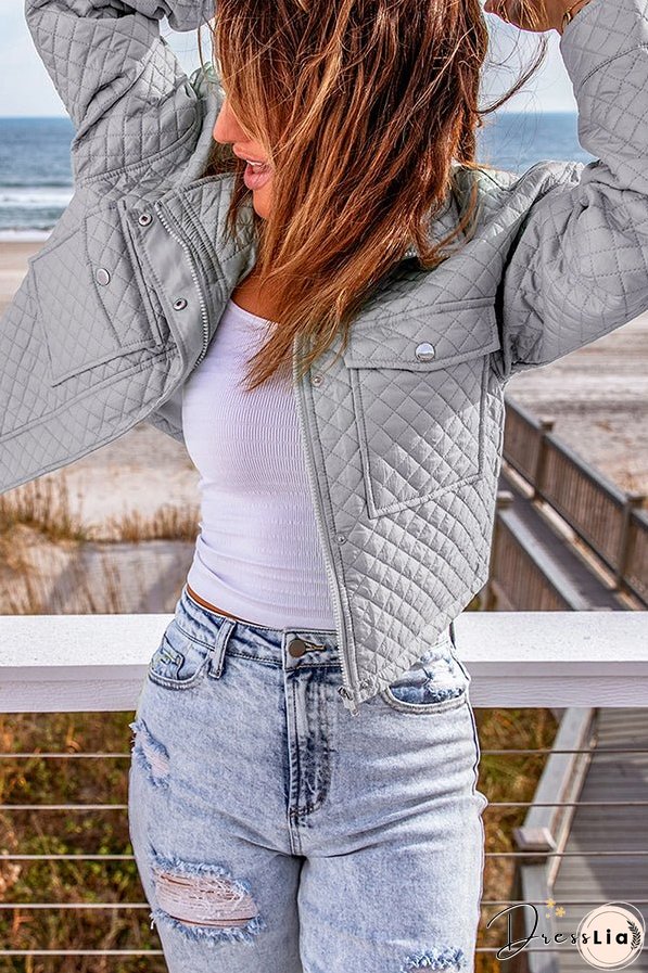 Gray Quilted Pocketed Zip Up Cropped Jacket
