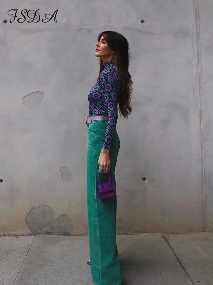 Long Sleeve Crop Top Women Floral Print Vintage 2022 Autumn Summer Casual 90s T Shirts Sexy Fashion Y2K Turtleneck