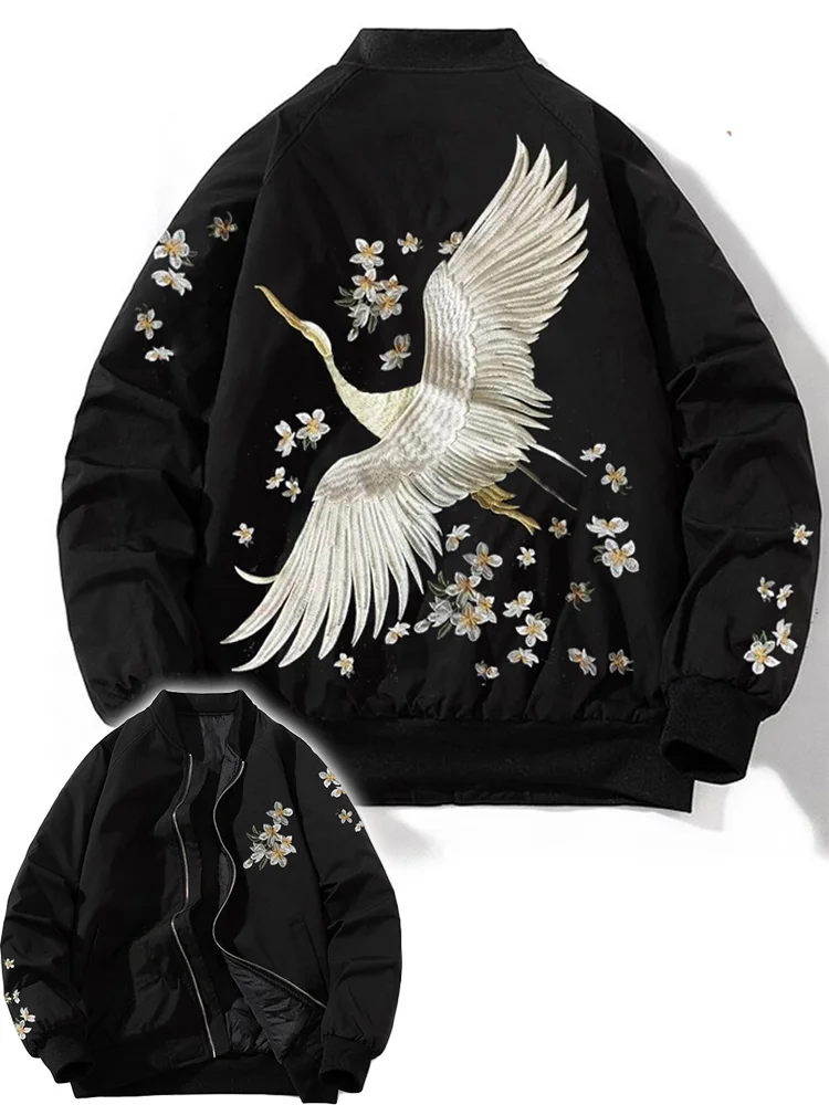 Crane & Floral Embroidery Art Bomber Jacket