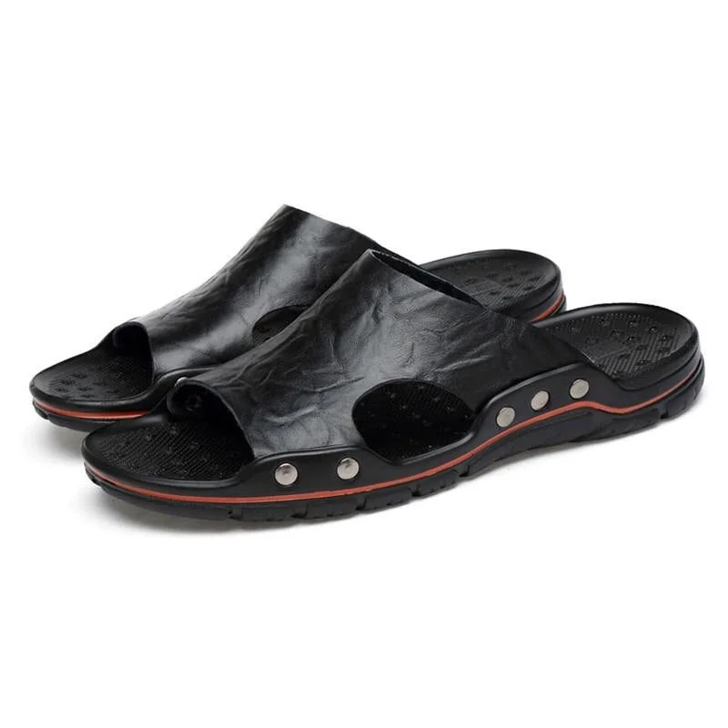 Mens Slippers Outdoor Summer Genuine Leather Slides for Men Couple Non-slip Women Home Fashion Casual Single Shoes Large Size