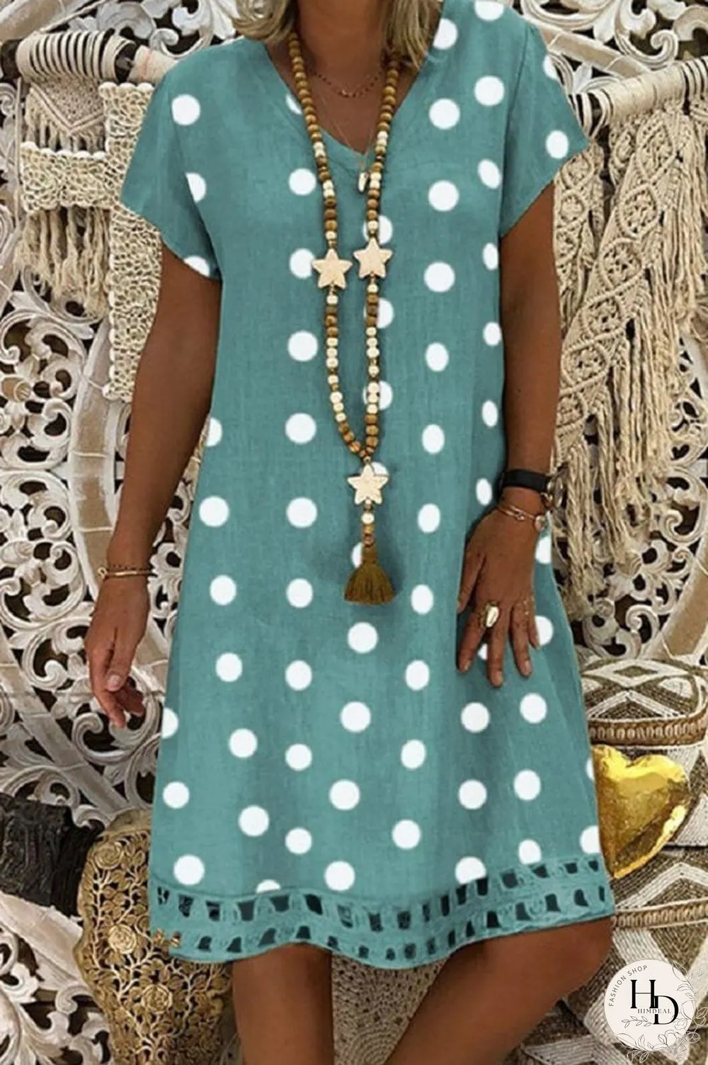 Fashion Casual V Neck Polka Dot Dress