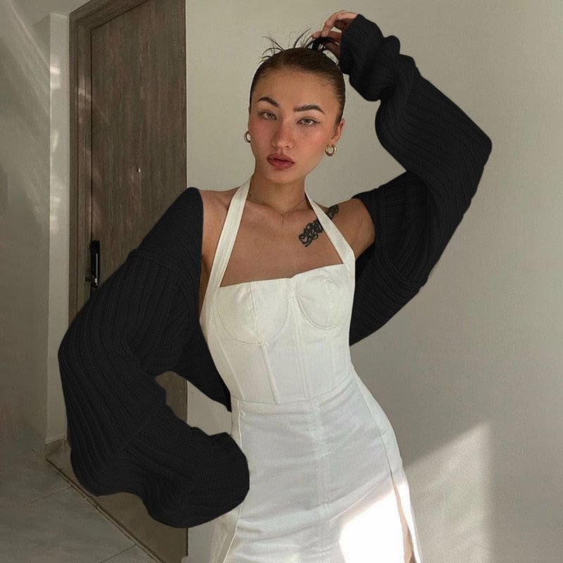 Tossy White Women Sweater Shrugs Cropped Top Full Lantern Sleeve Knitwear Pullover Sexy Summer High Street Outwear 2021 Spring
