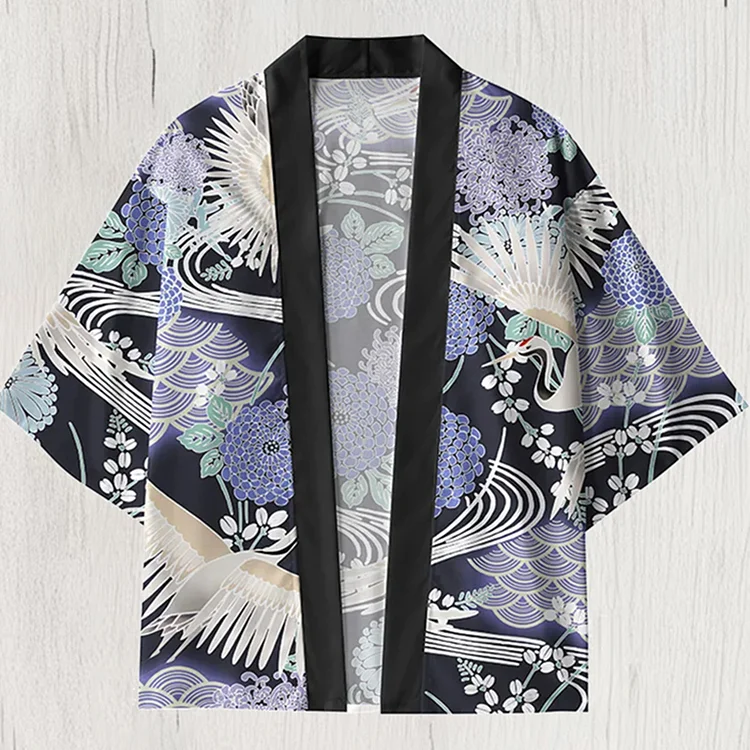 Simpfit Japanischer Kimono-Cardigan mit Kranich- und Wellenmotiv