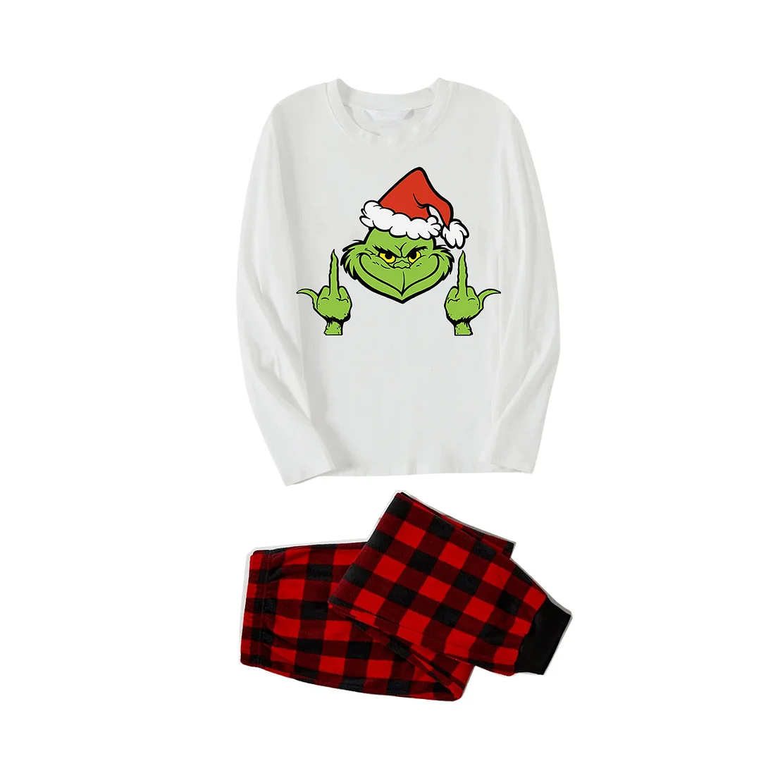 Christmas Green Cartoon Character With Santa Hat Pattern Print White Top And Red&Black Plaid Pants Family Matching Pajamas