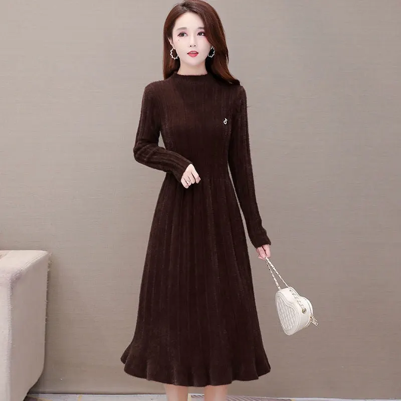 Office Lady Mink Cashmere Dress Long Women's Autumn Winter 2021 New Fashion Temperament Slim Waist Foreign Style Fur Skirt Dress