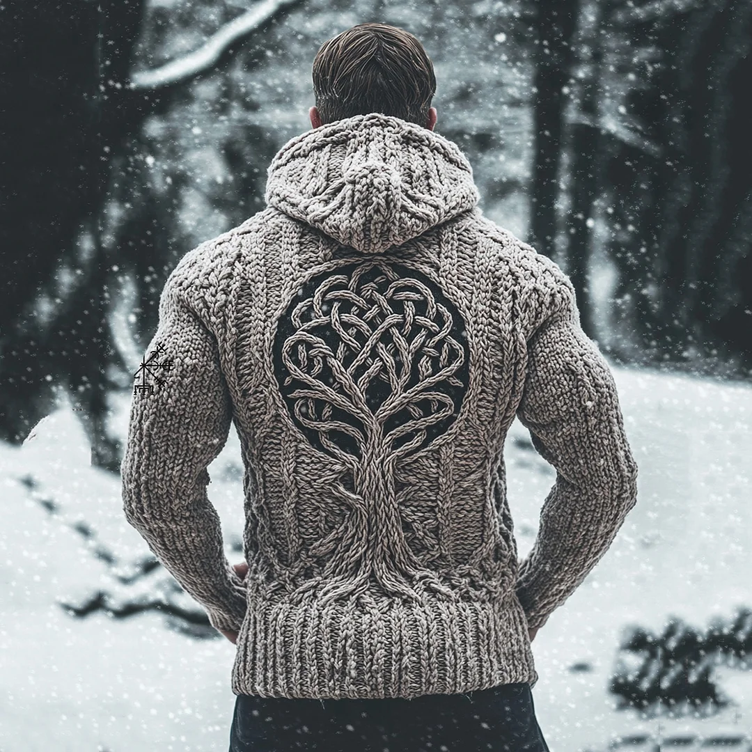 Men's Viking Tree Of Life Jacquard Celtic Style Knitted Hooded Sweater