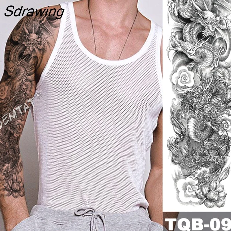 Sdrawing Arm Sleeve Tattoo Japanese Wave Waterproof Temporary Tattoo Sticker Lily Peacock Men Full Tiger Fox Tatoo Body Art Women