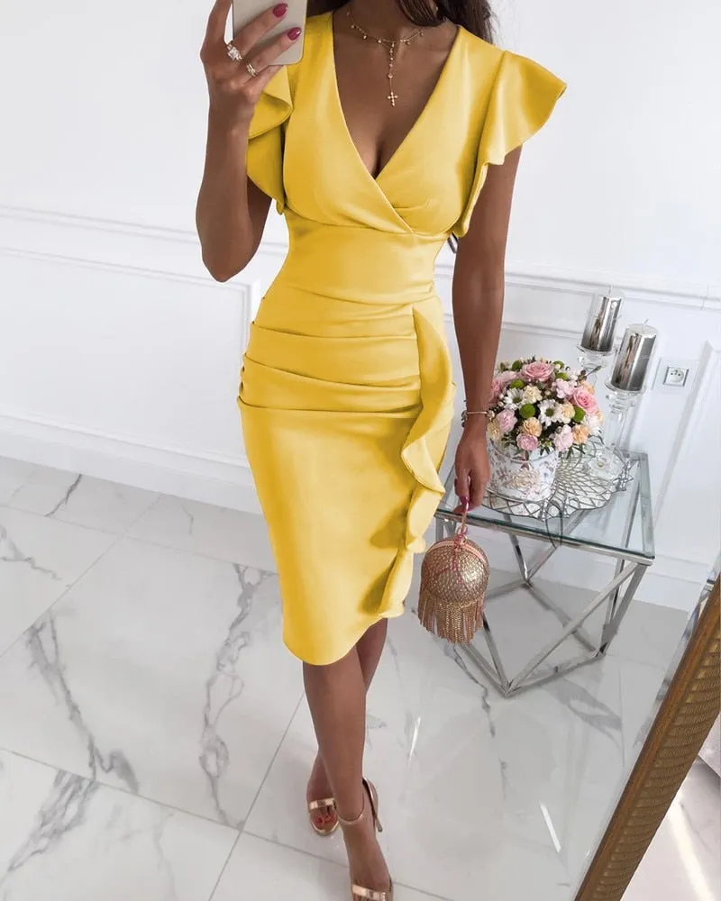 2021 new style OL temperament V-neck slim waist pleated ruffled hip dress dress