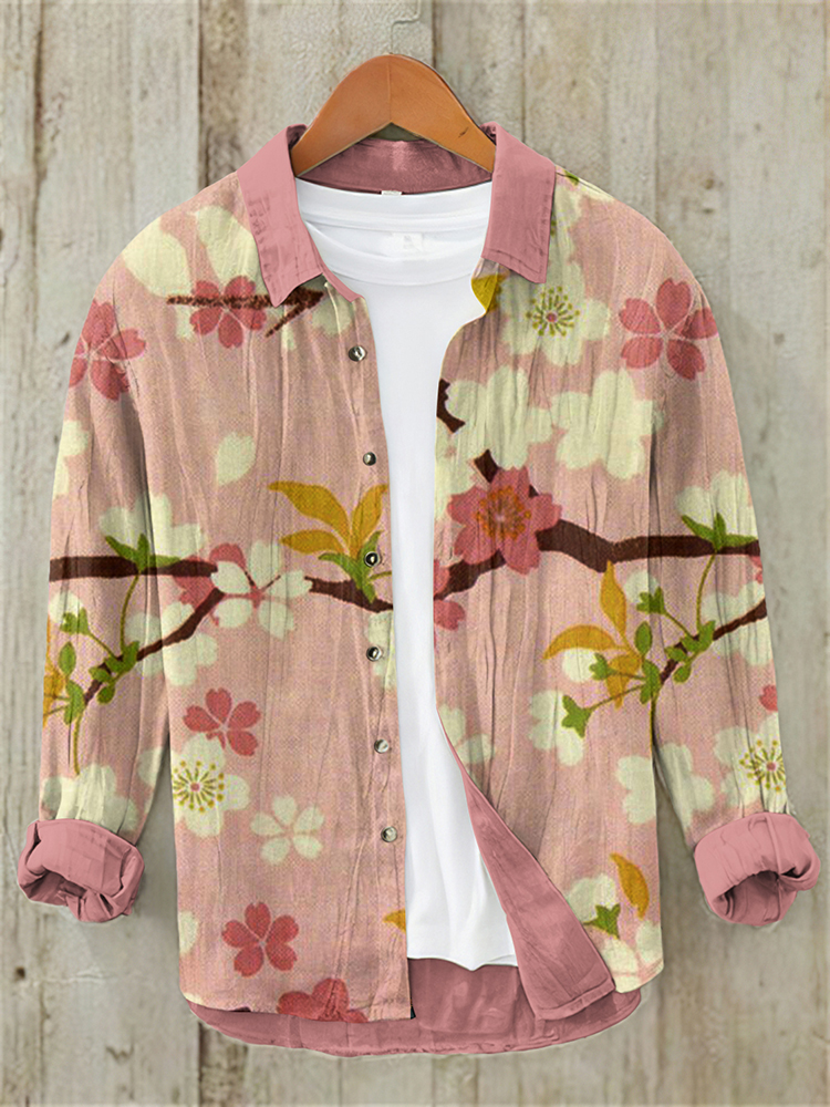 Comstylish Men's Vintage Japanese Art Sakura Casual Linen Blend Shirt