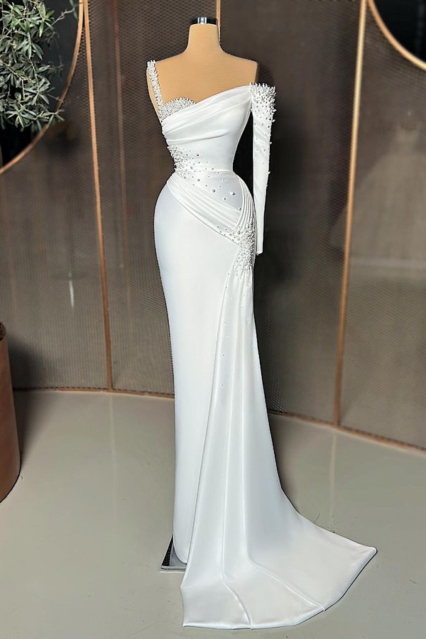 Fabulous One Shoulder Long Sleeve Evening Dress Mermaid With Pearls - lulusllly
