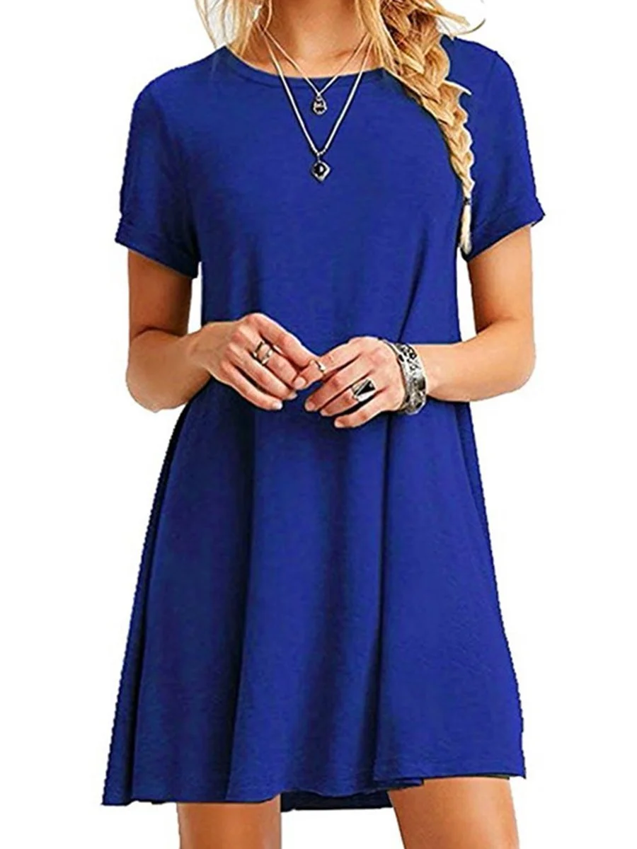 Round Neck Solid Color Short Sleeves Shift Dress