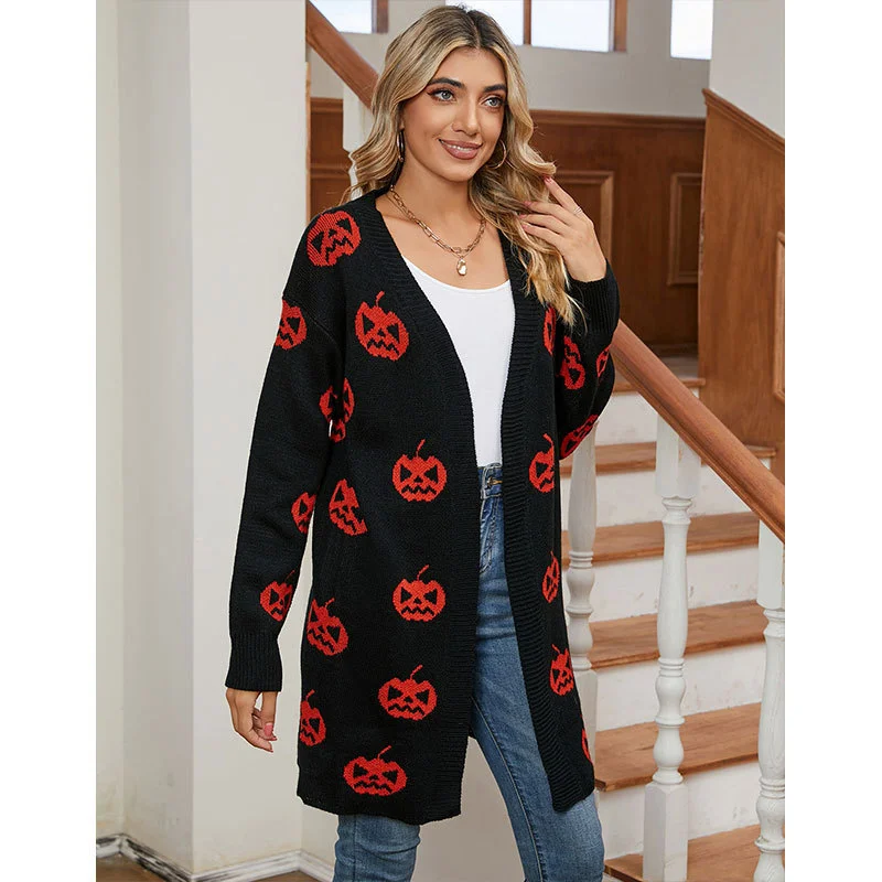 Athvotar Athvotar Sweater For Women's Casual Halloween Pumpkin Head With Long Coat Knitted Cardigan