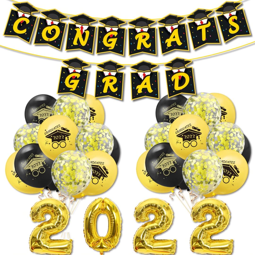 2022 Graduation Party Decoration Black Yellow Balloons Banner Digital Foil Balloons Kit Graduation Supplies
