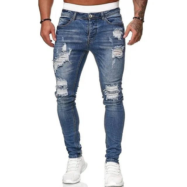 Men's Vintage Denim Ripped Straight Jeans Stacked Ripped