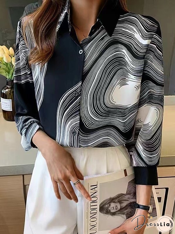Button Long Sleeves Lapel Printed Blouse
