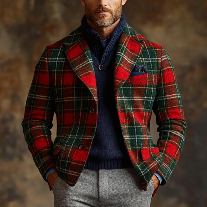 Men's Vintage Colorblock Plaid Print Tweed Lapel Single-Breasted Blazer