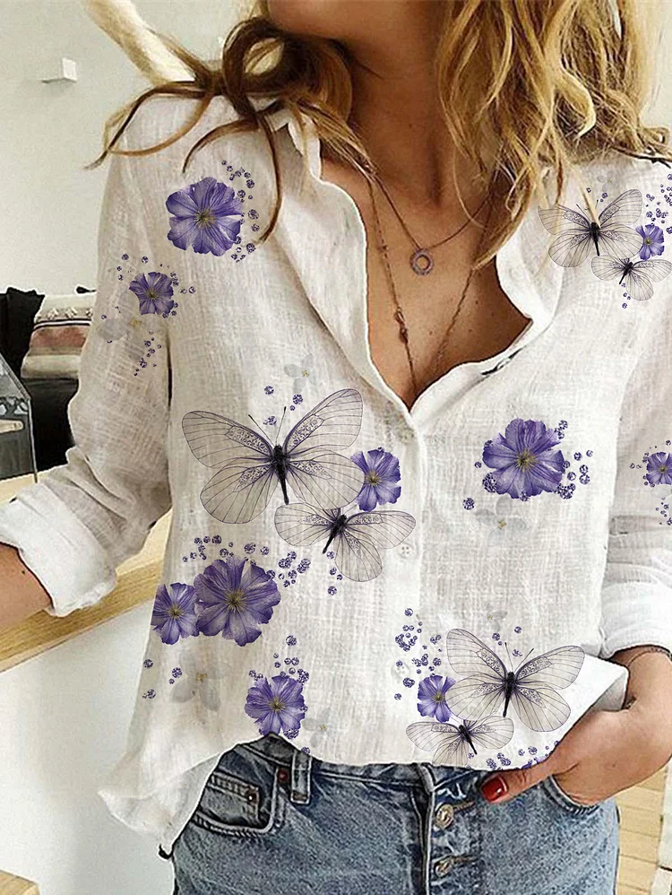 UR Butterfly & Flower Lapel Button Shirt