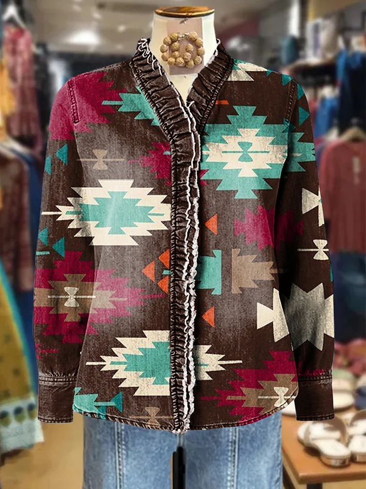 Women's Aztec Print Casual Long Sleeve Comfortable Cotton Shirt