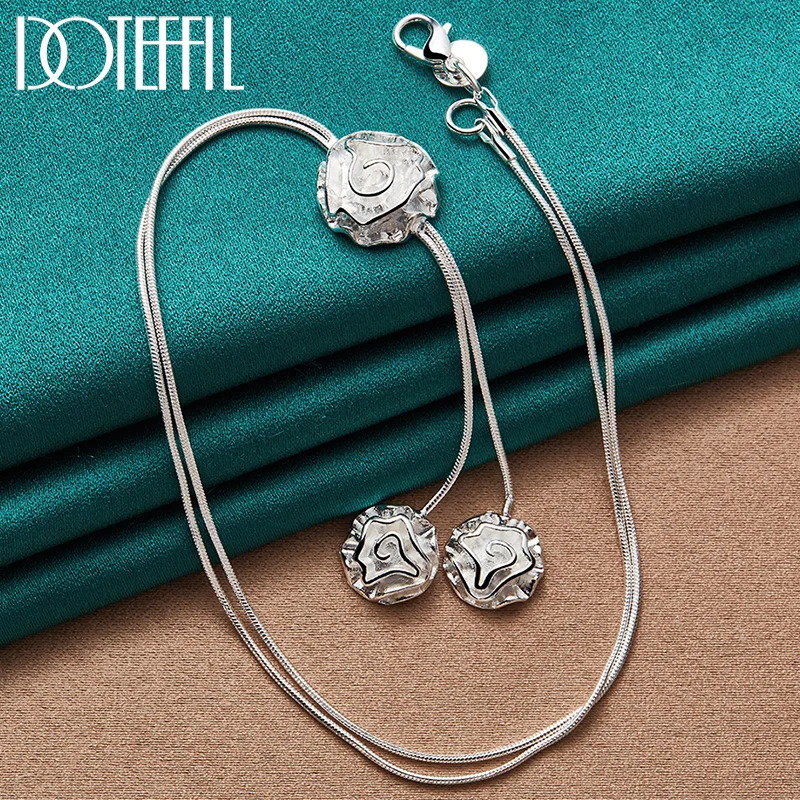 DOTEFFIL 925 Sterling Silver Three Rose Flower Pendant Necklace 20 Inch Snake Chain For Women Jewelry