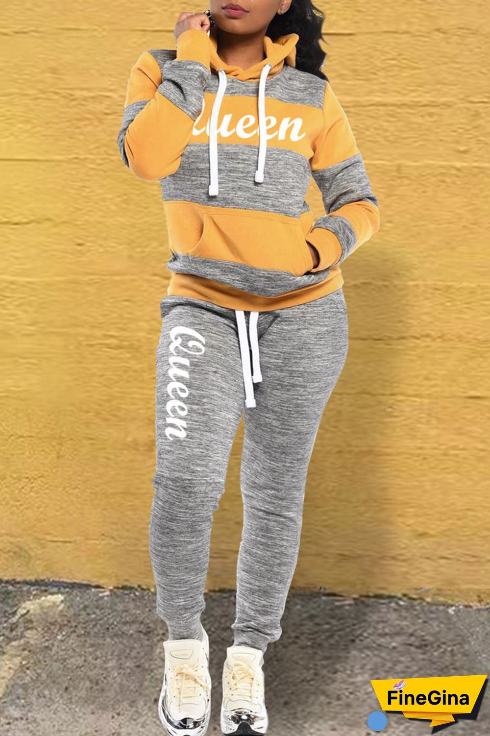 Black Casual Letter Striped Print Patchwork Contrast Hooded Collar Long Sleeve Two Pieces