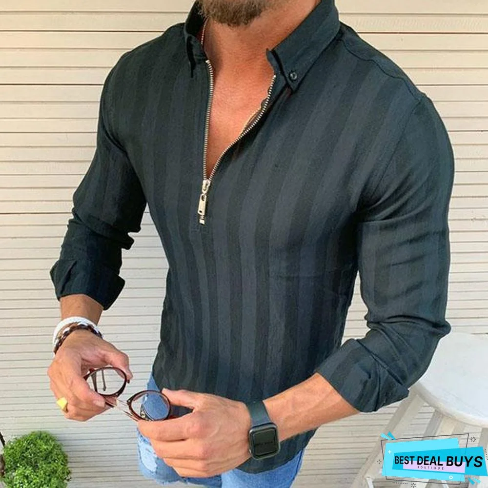 Men Zipped V-Neck Long Sleeve Striped Casual Shirt