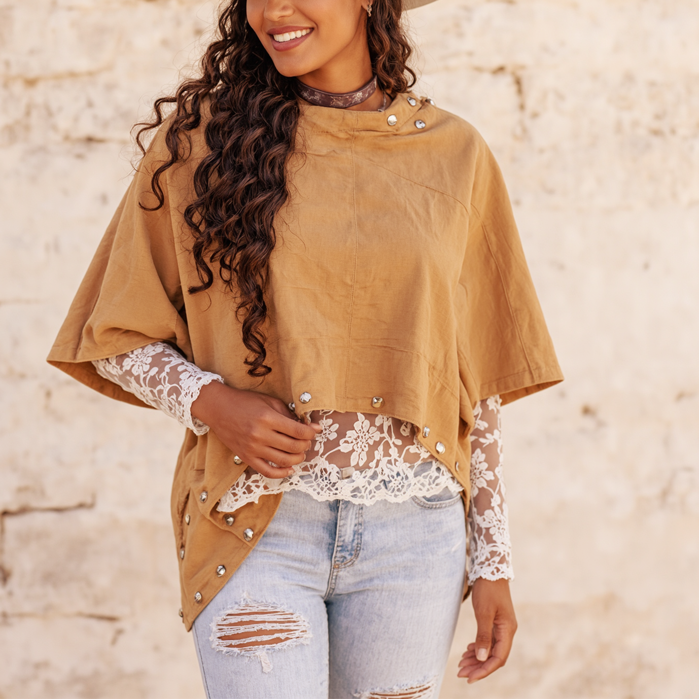 Women's Vintage Cowboy Boho Chic Layered Top With Lace And Rivets