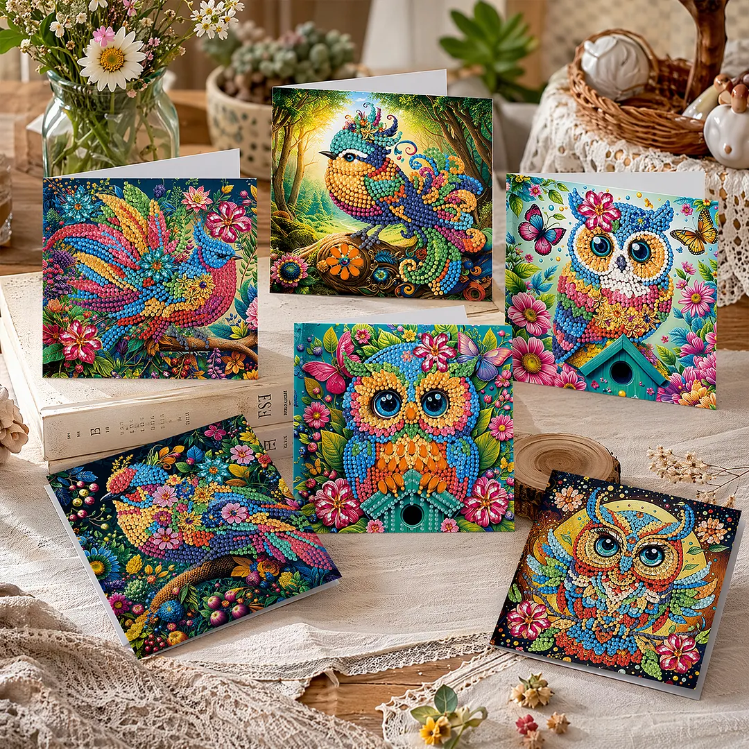 6pcs Birds and Owls DIY Diamond Painting Greeting Card Kits with Envelopes Diamond Art Greeting Cards Diamond Art Cards Kits for Adults DIY Crafts Family Friend Gifts