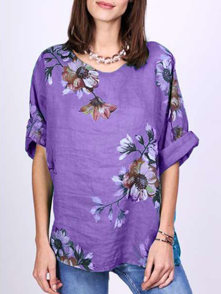 Flower Printed Long Sleeve O neck T shirt For Women P1735070