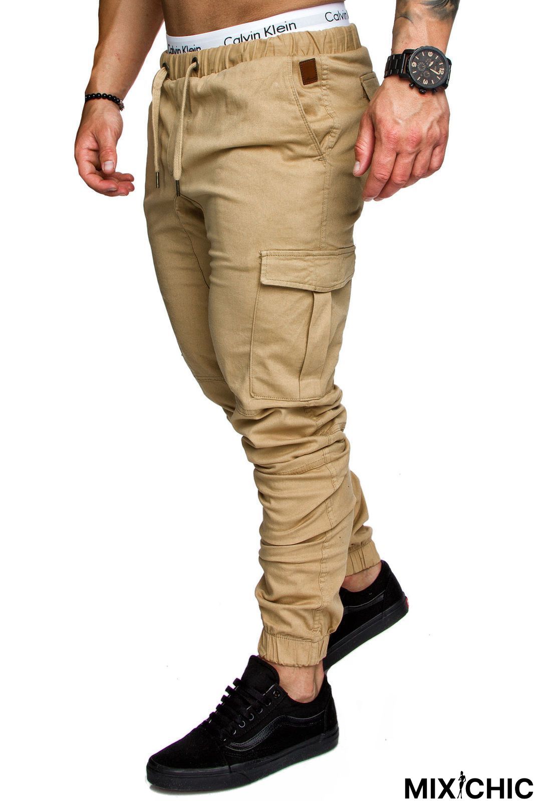 Men Casual Joggers Solid Color Pants Cotton Elastic Long Trousers
