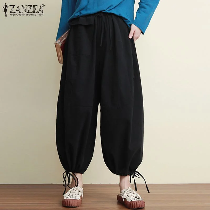 2022 Summer ZANZEA Vintage Women Cotton Linen Pants Wide Leg Pants Drawstring Casual Solid Oversized Lady Elastic Waist Bottoms