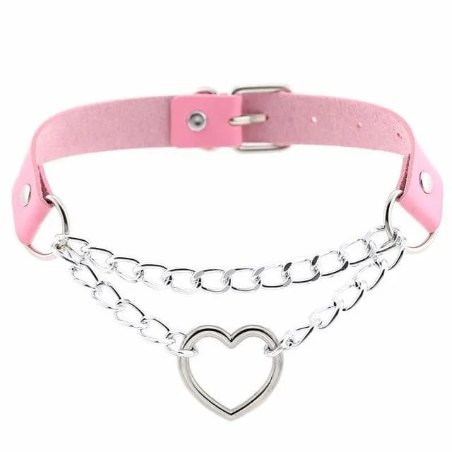 Punk Gothic Leather Choker Metal Chain Heart Necklace SP062