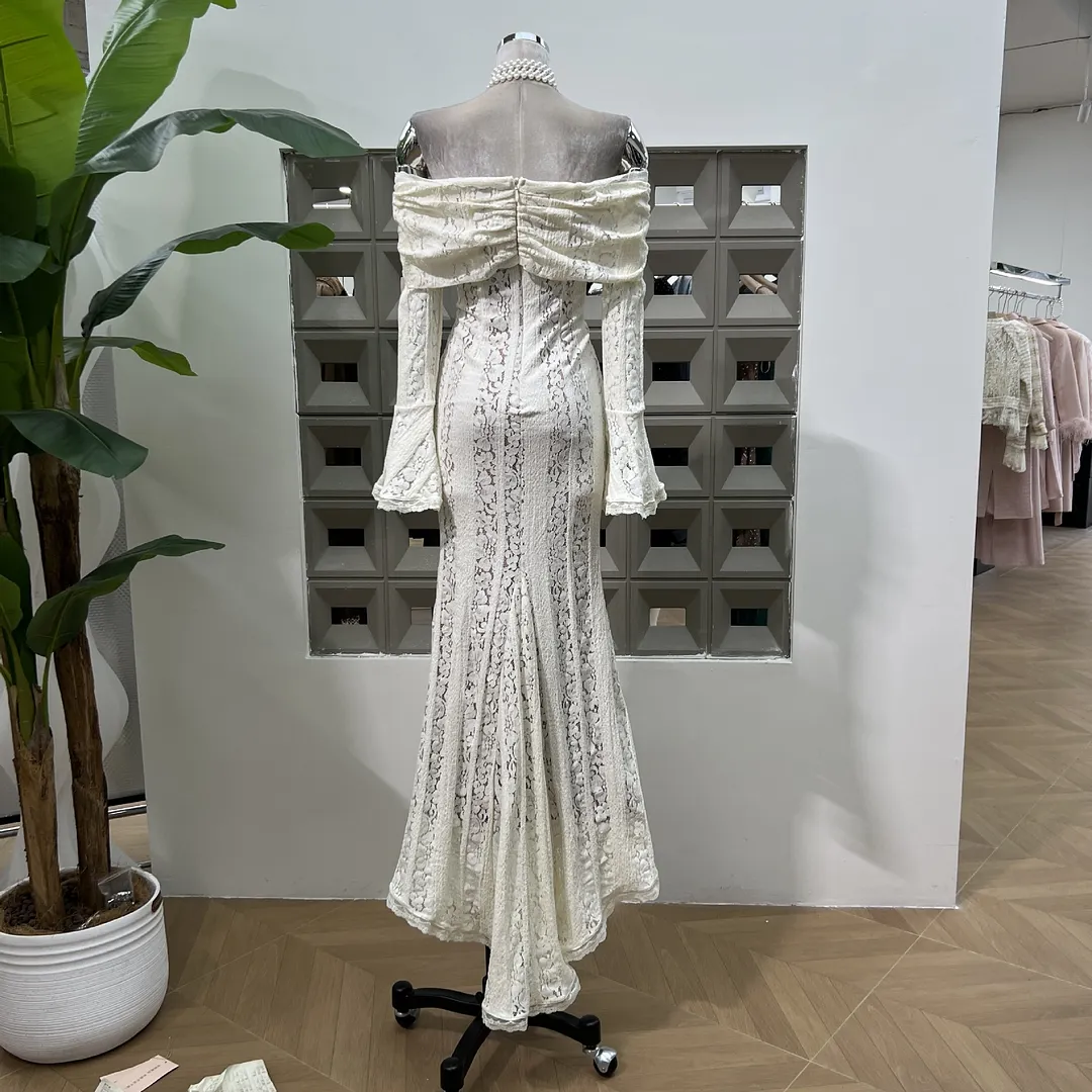 Brownm Spring Romantic Elegant Lace Shoulder Horn Long Sleeves Of Long Dress