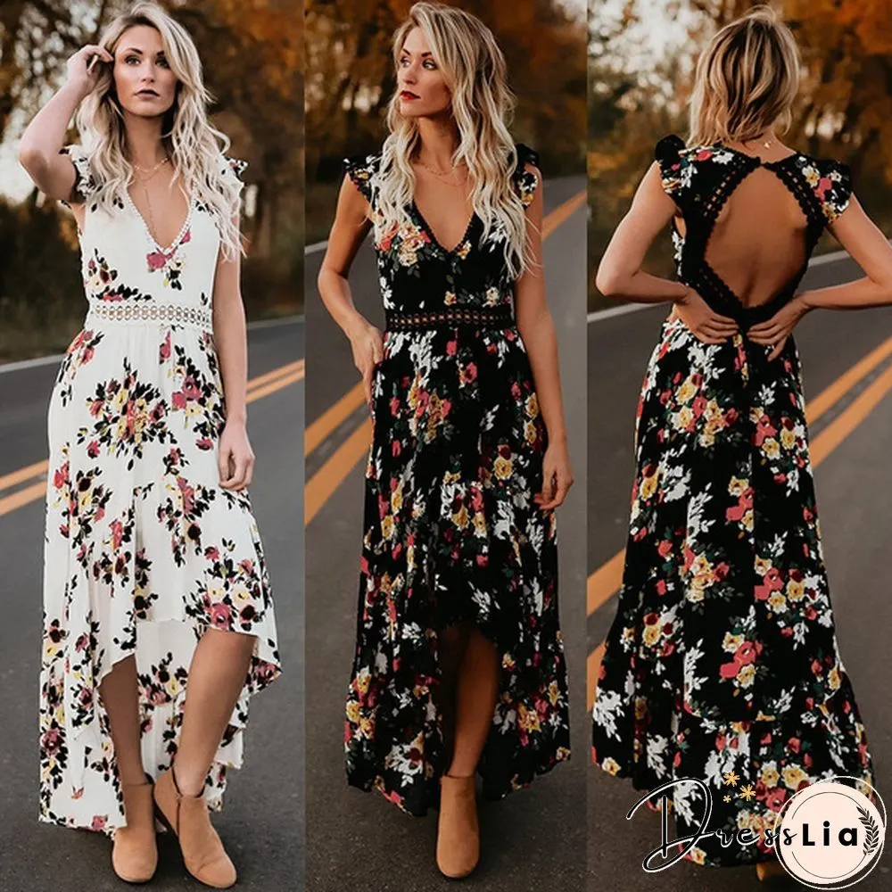 Summer Women Lace Hollow Backless Irregular Floral Long Beach Dress