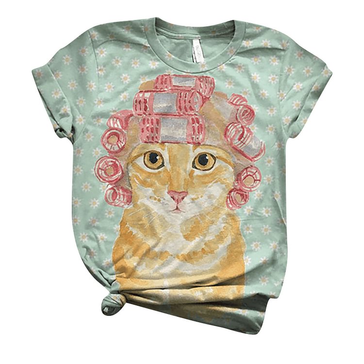 Women's Round Neck Cat Print Casual T-shirt