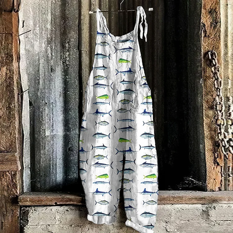 Retro Sea Fish of the North Atlantic Ocean Shark Art Linen Loose Casual Jumpsuit