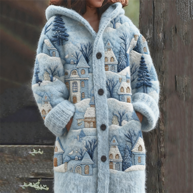 Christmas Snowy Town Landscape Cozy Knit Hooded Cardigan elevenforest