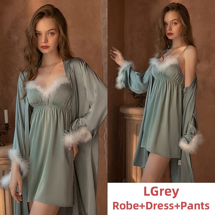Sexy Women Sleepwear Pajamas Sets Plush Night Dress Silk Robe Lingerie Bathrobe Camisolas Nightgown Lounge Sleep Tops Autumn