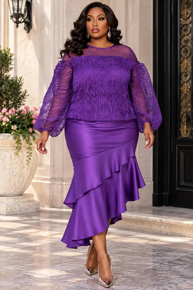 Xpluswear Design Plus Size Cocktail Party Satin Purple Round Neck Lantern Sleeve Long Sleeve Fold Bodycon Chiffon Two Piece Skirt Sets [Pre-Order] 2024 - Xpluswear