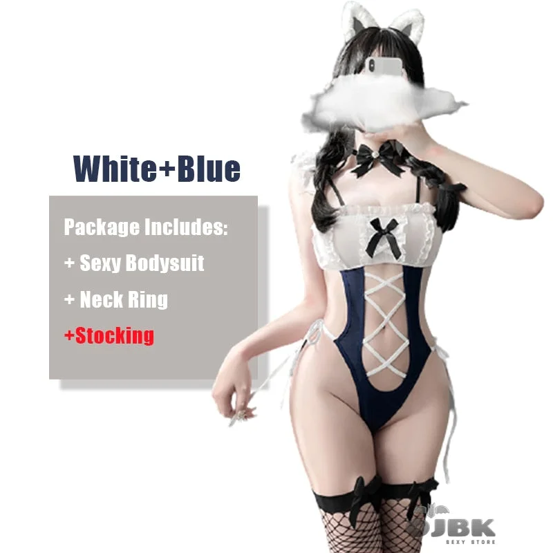 Sexy Maid Cosplay Outfit For Women Kawaii Cat Costumes Hollow Out Sleeveless Halter Japanese Swimsuit One Piece Bodysuit 2021