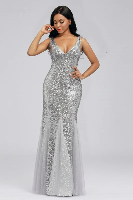 Silver V-Neck Sequins Mermaid Prom Dress Long Evening Party Gowns - lulusllly