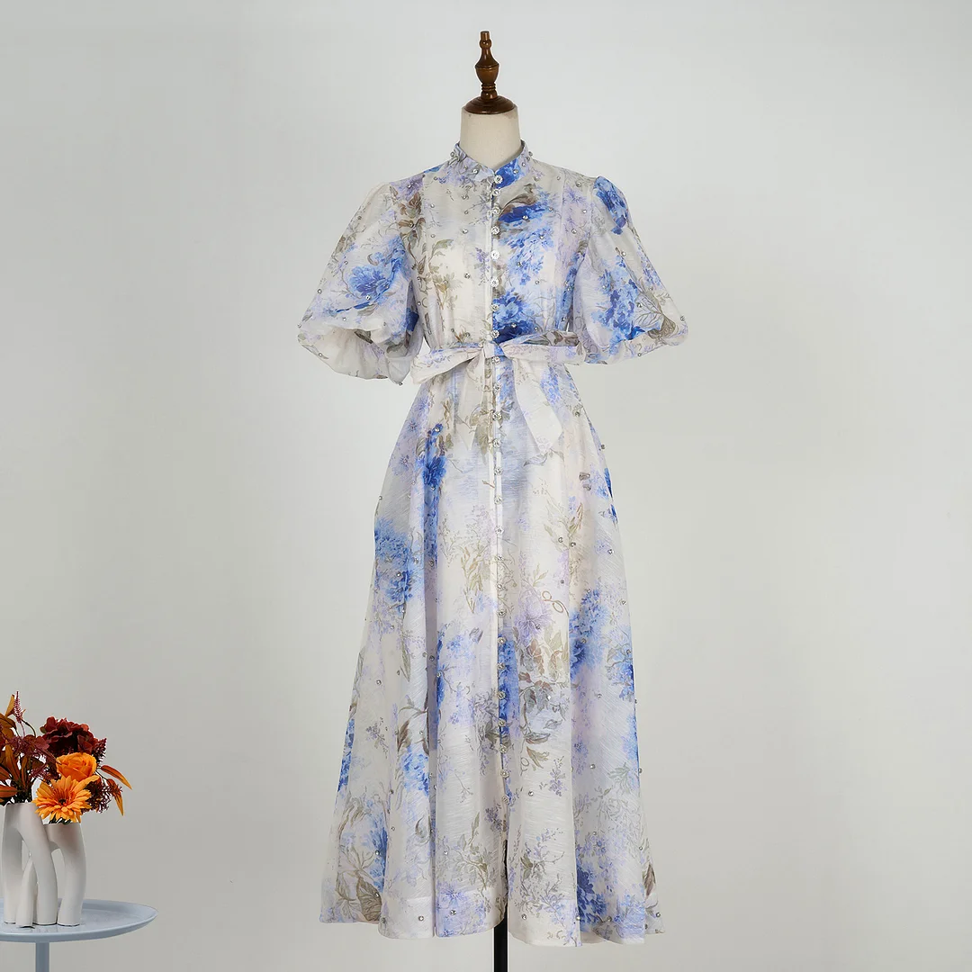 Nigikala Nigikala Court Style High Design Feeling Heavy Industry Nail Drill Short Sleeve Single Buckle Dress + Sling