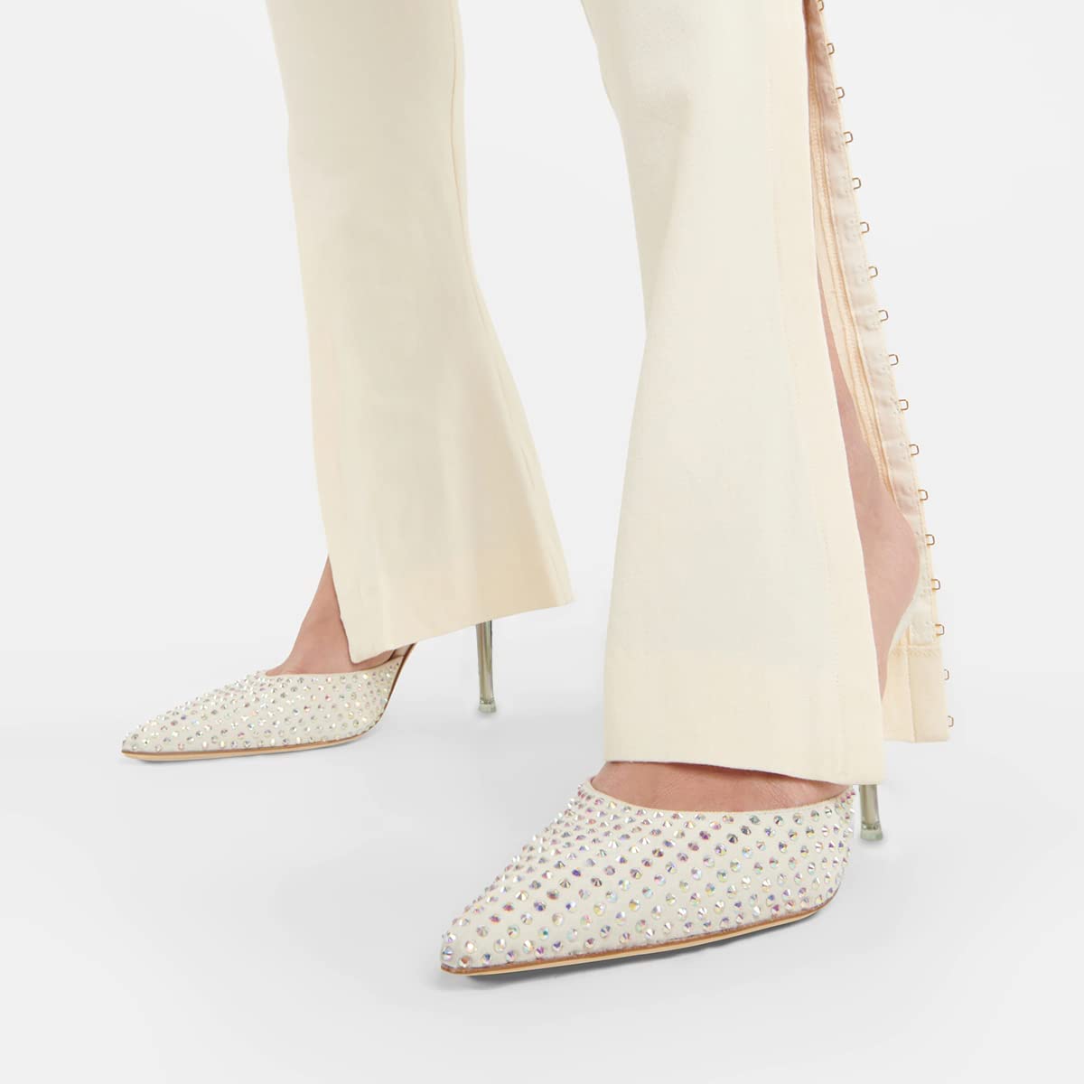 White Pointed Toe 4'' Stiletto Heel Rhinestone Pumps Nicepairs