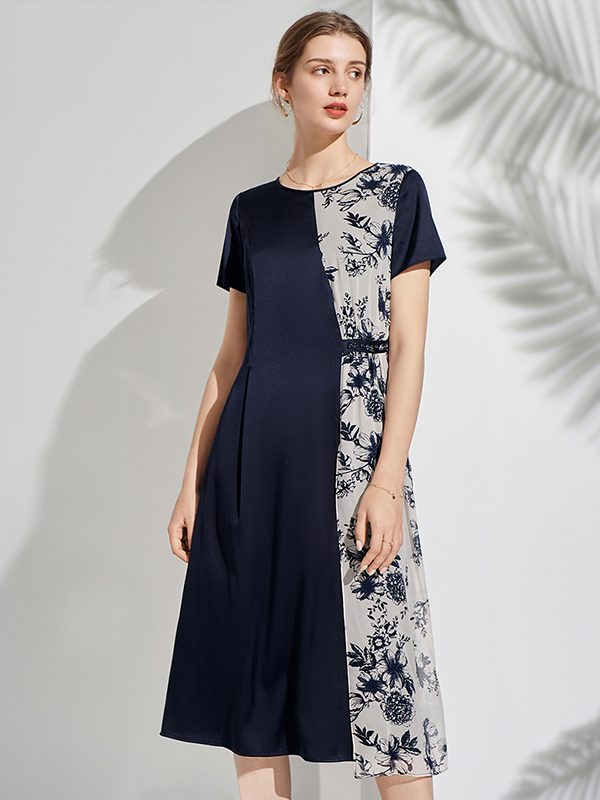 Robe en soie à contraste patchwork-Soieplus