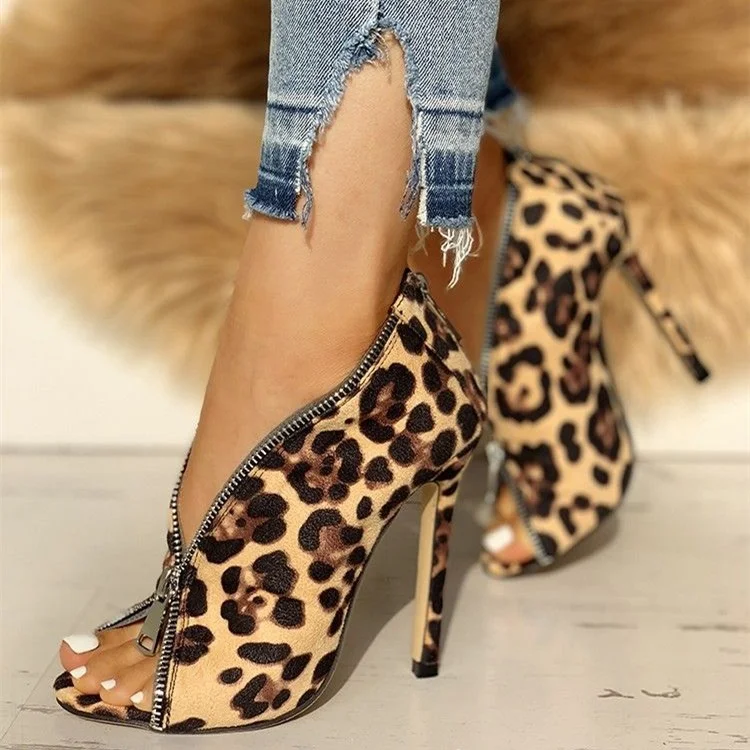 Leopard Print Heel Vegan Suede Zip Style Peep Toe Stiletto Heel pumps |FSJ Shoes