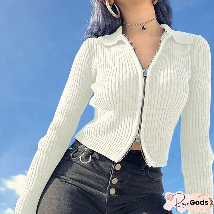 Zipper Half High Neck Knitted Bottomed Blouse Women's Top