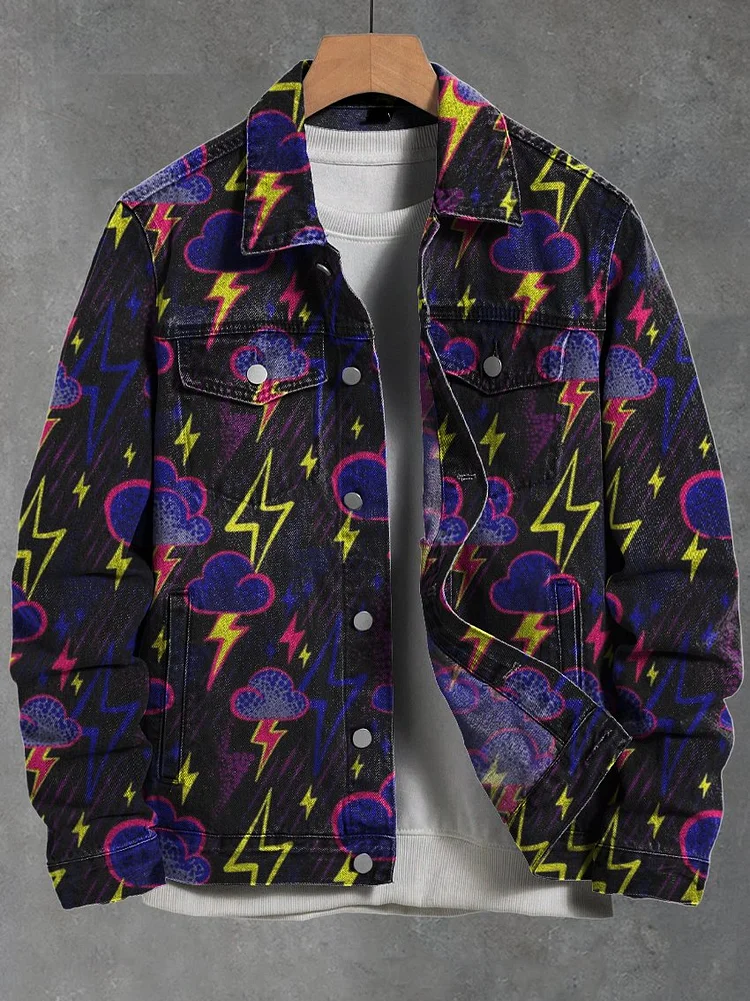 Lightning Clouds Vintage Print Casual Denim Jacket